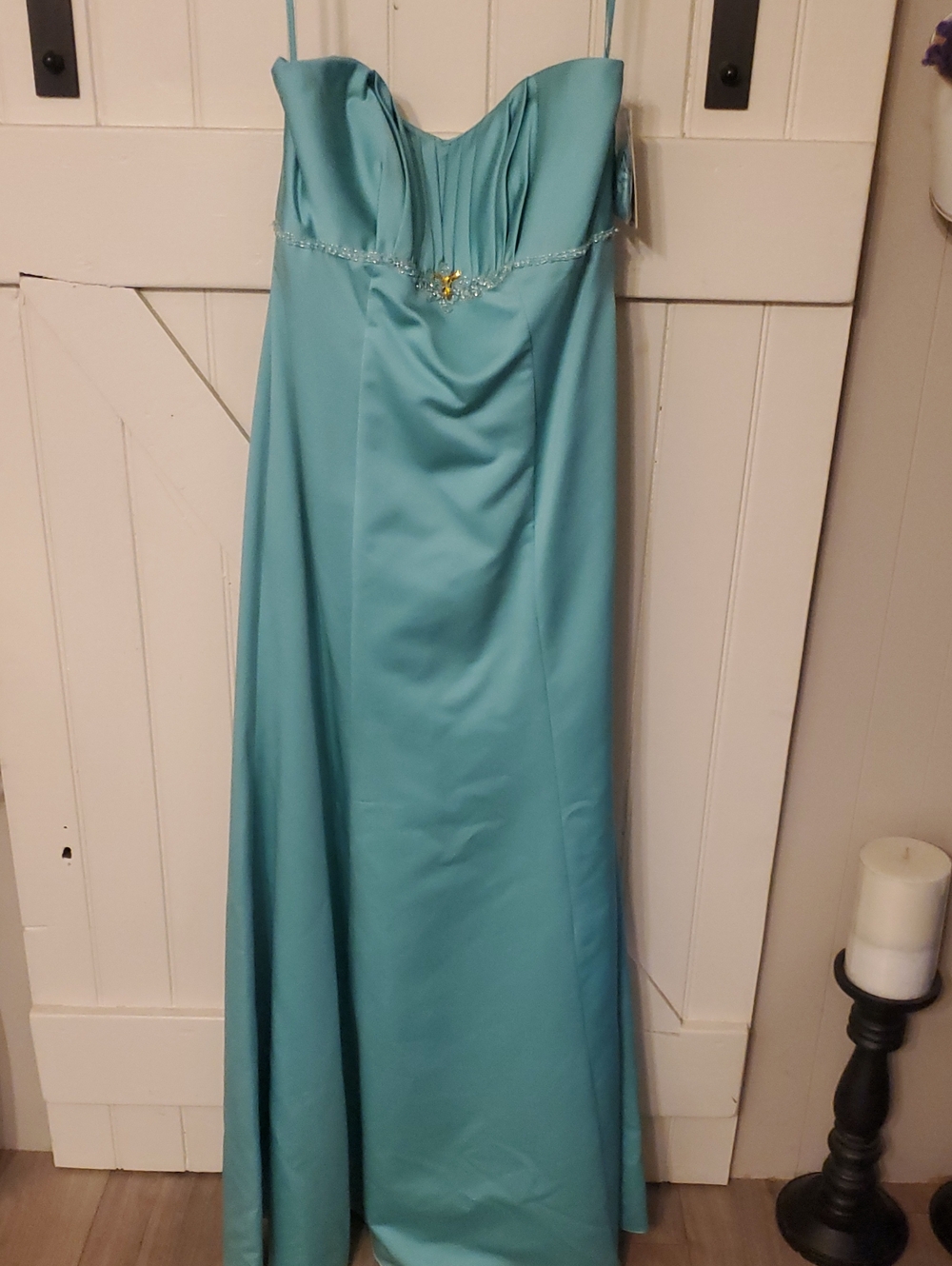 Strapless Aqua Prom Dress with Beaded Waist